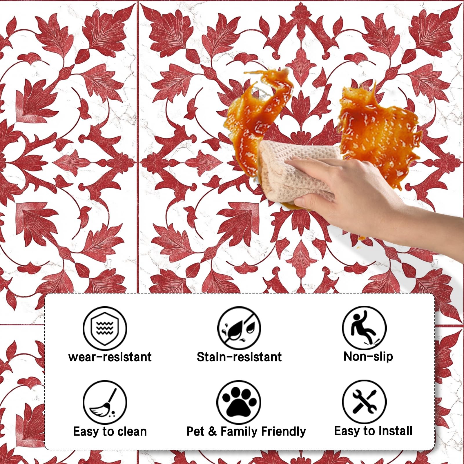 10 PCS Red Leaf Floral Pattern Peel And Stick Vinyl Floor Tiles 11.8×11.8 Inch
