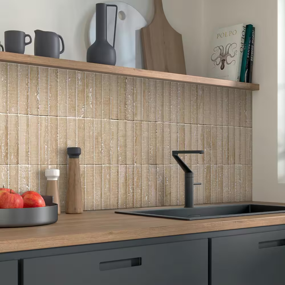 Stacked Travertine 11 In. X 12 In. Honed Fluted Natural Marble Wall Mosaic Tile