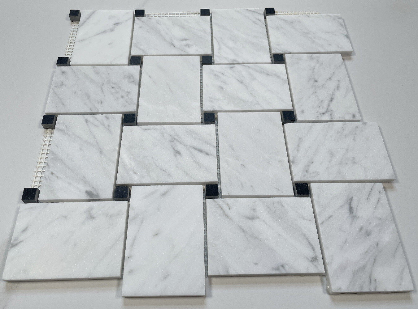 C661XH Wide Big Basketweave Carrara White Marble Mosaic Tile Honed Black Dots
