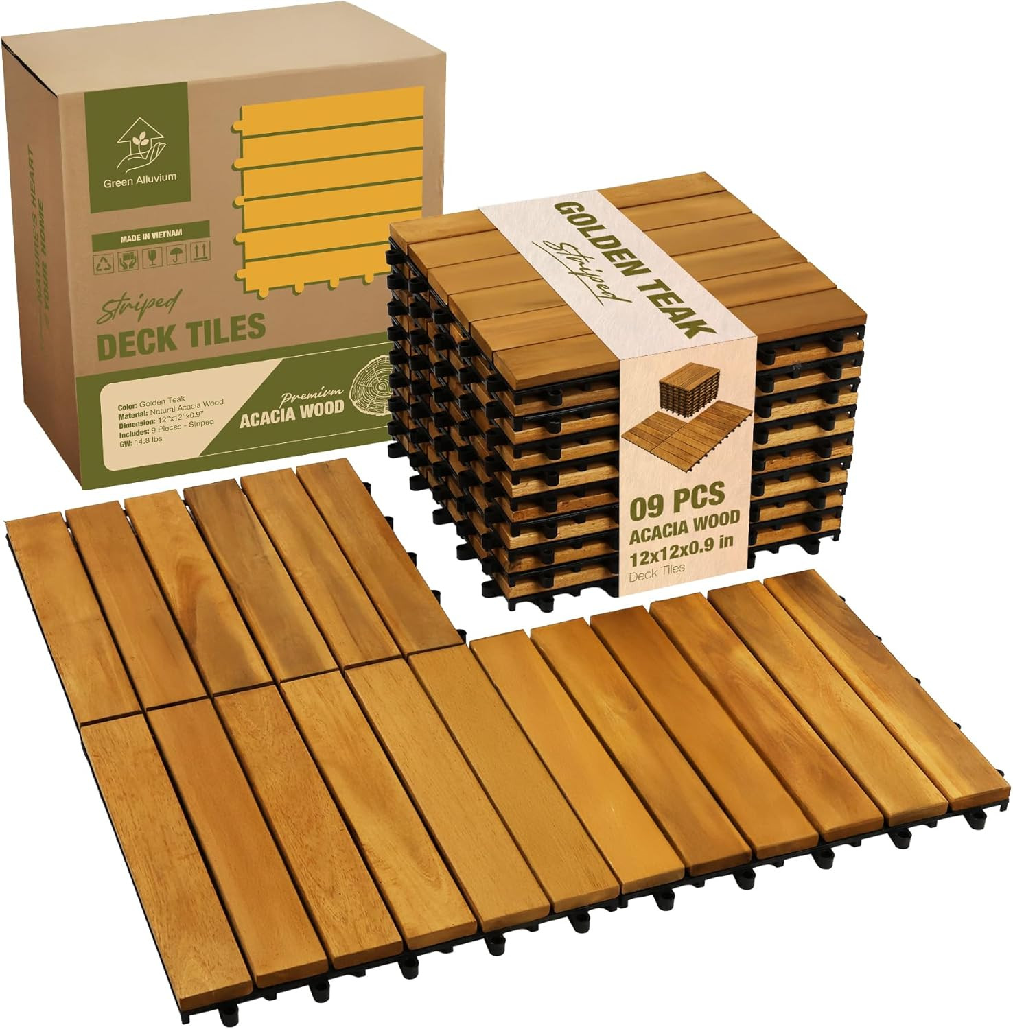 Premium Acacia Wood Interlocking Deck Tiles, 9 PCS 12″x12″x0.9″ Floor Tiles, Wat