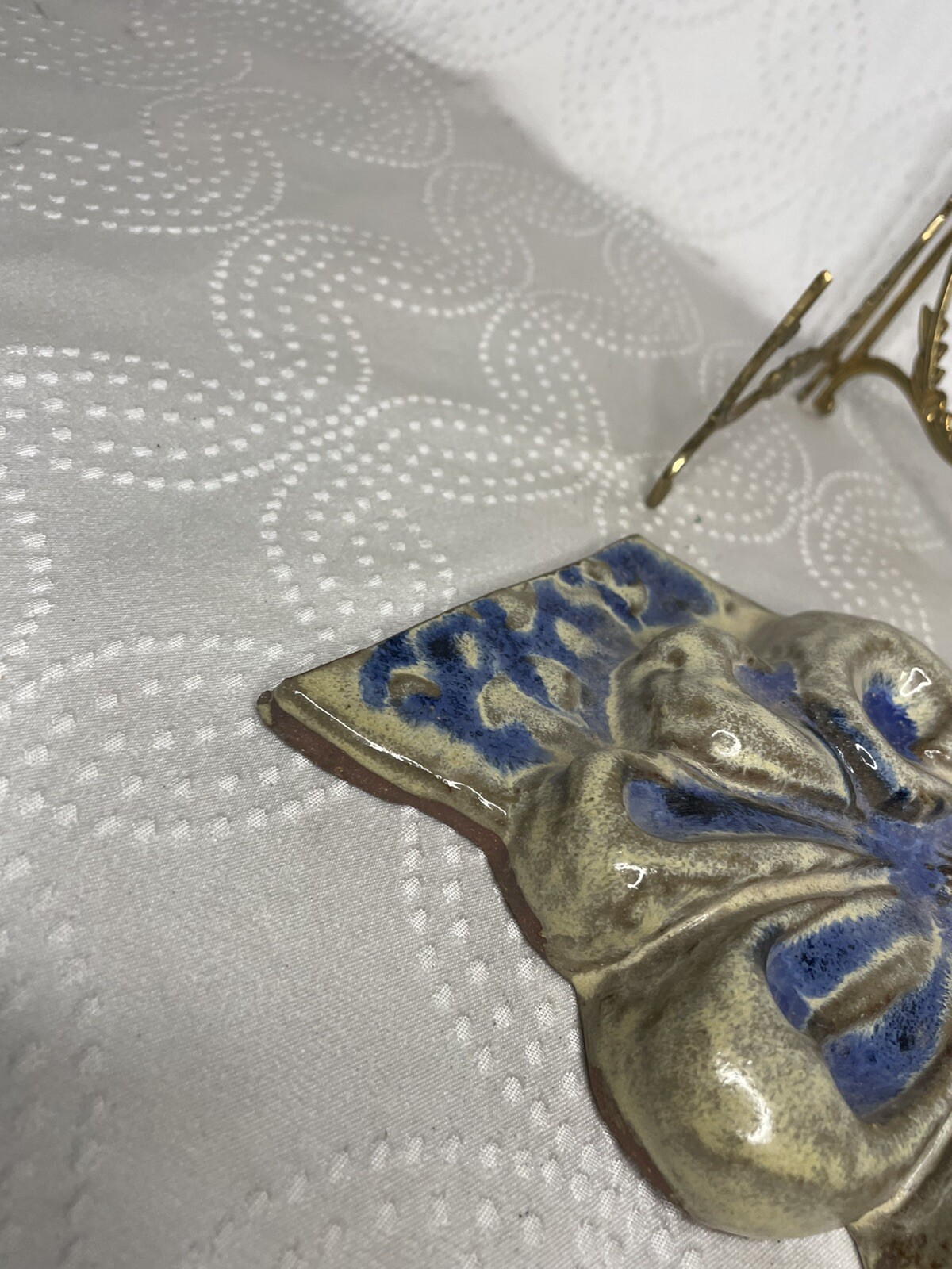 Large HAND MADE Ceramic Flower Accent Blue/Tan Mottled Tile Mosaic Display