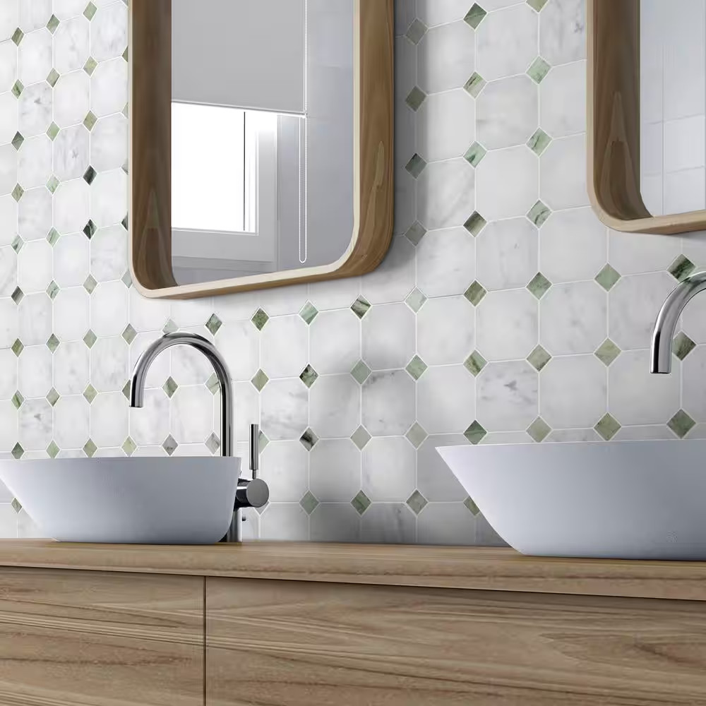 Octagon Carrara White and Green 11.5 In. X 11.5 In. Honed Natural Marble Floor a