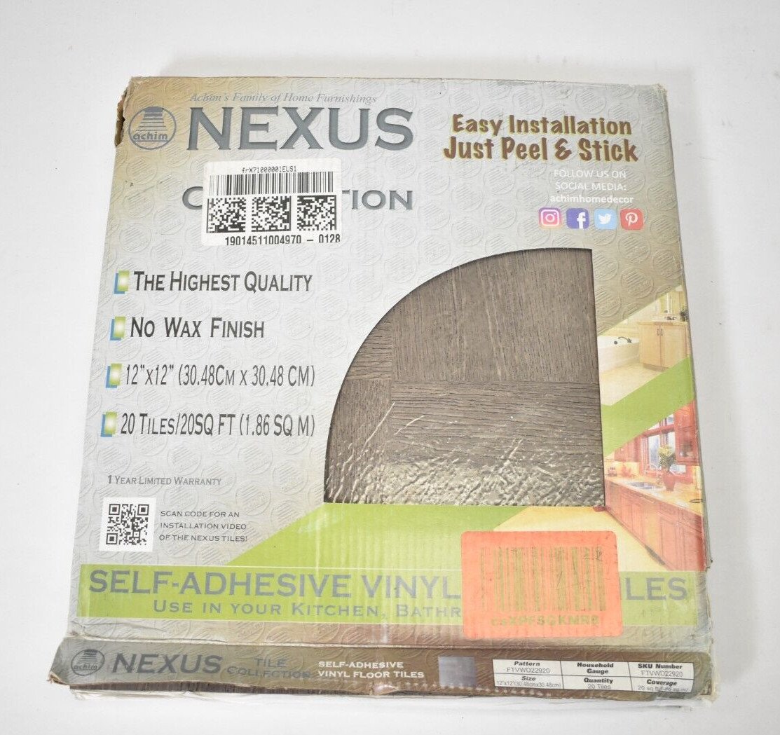 Nexus Self Adhesive 12″ Vinyl Floor Tiles 20 Pack 12″ x 12″ Gray Wood No Wax