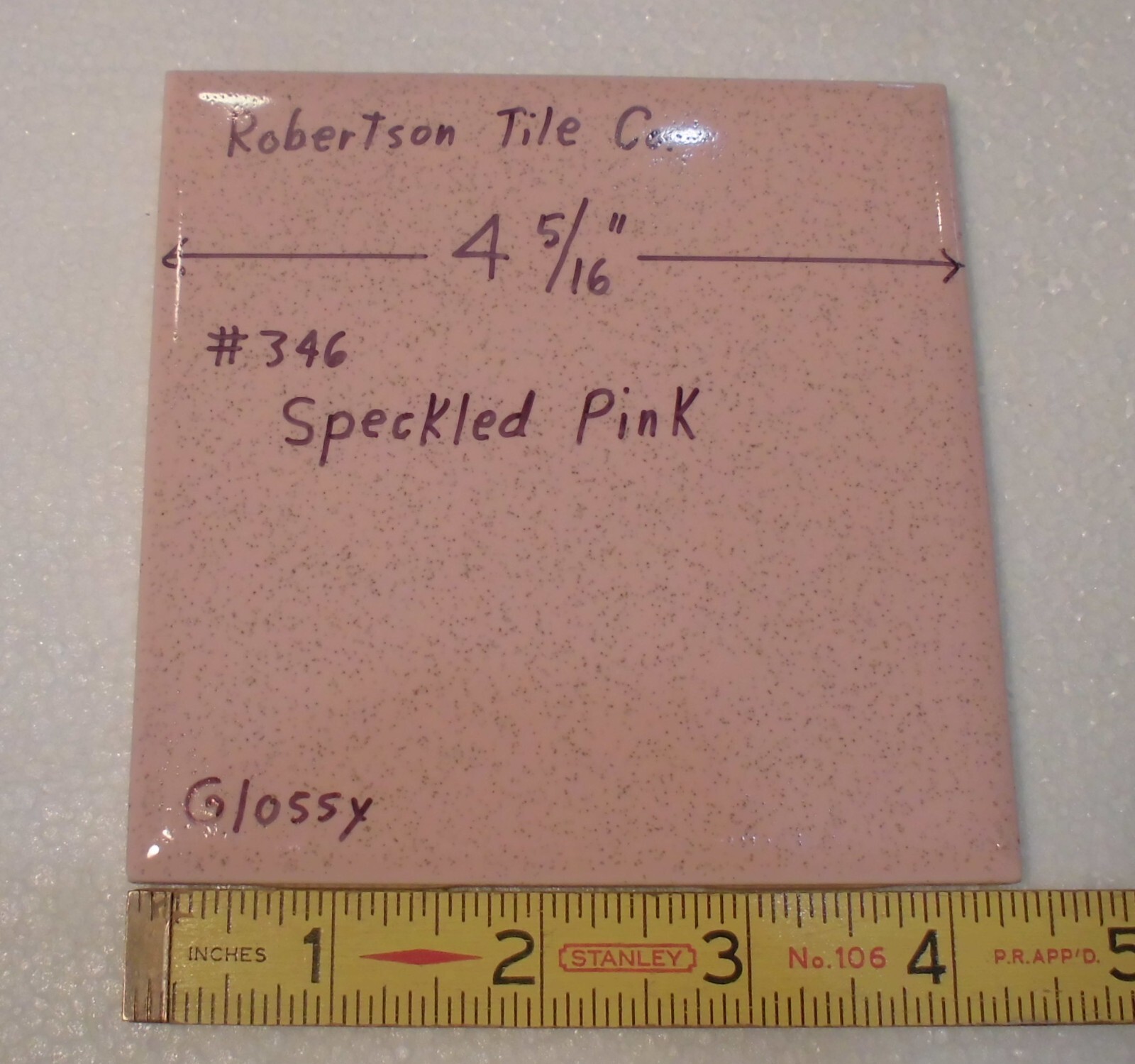 1 pc. Speckled Pink: 4-5/16″ Ceramic Tile by Robertson, pink + tiny specks, NEW
