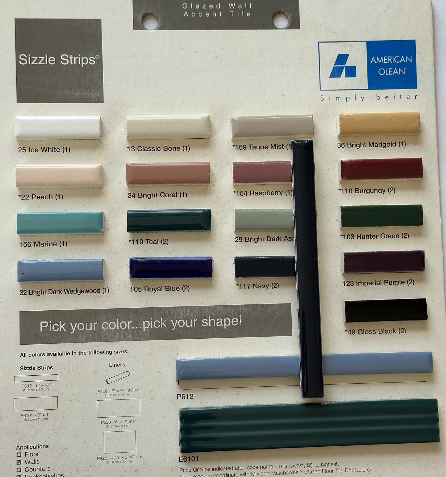 1 pc. Navy Blue: Ceramic Tile… Pencil – Liner – Sizzle: 1/2″ X 6″ by A.O. New