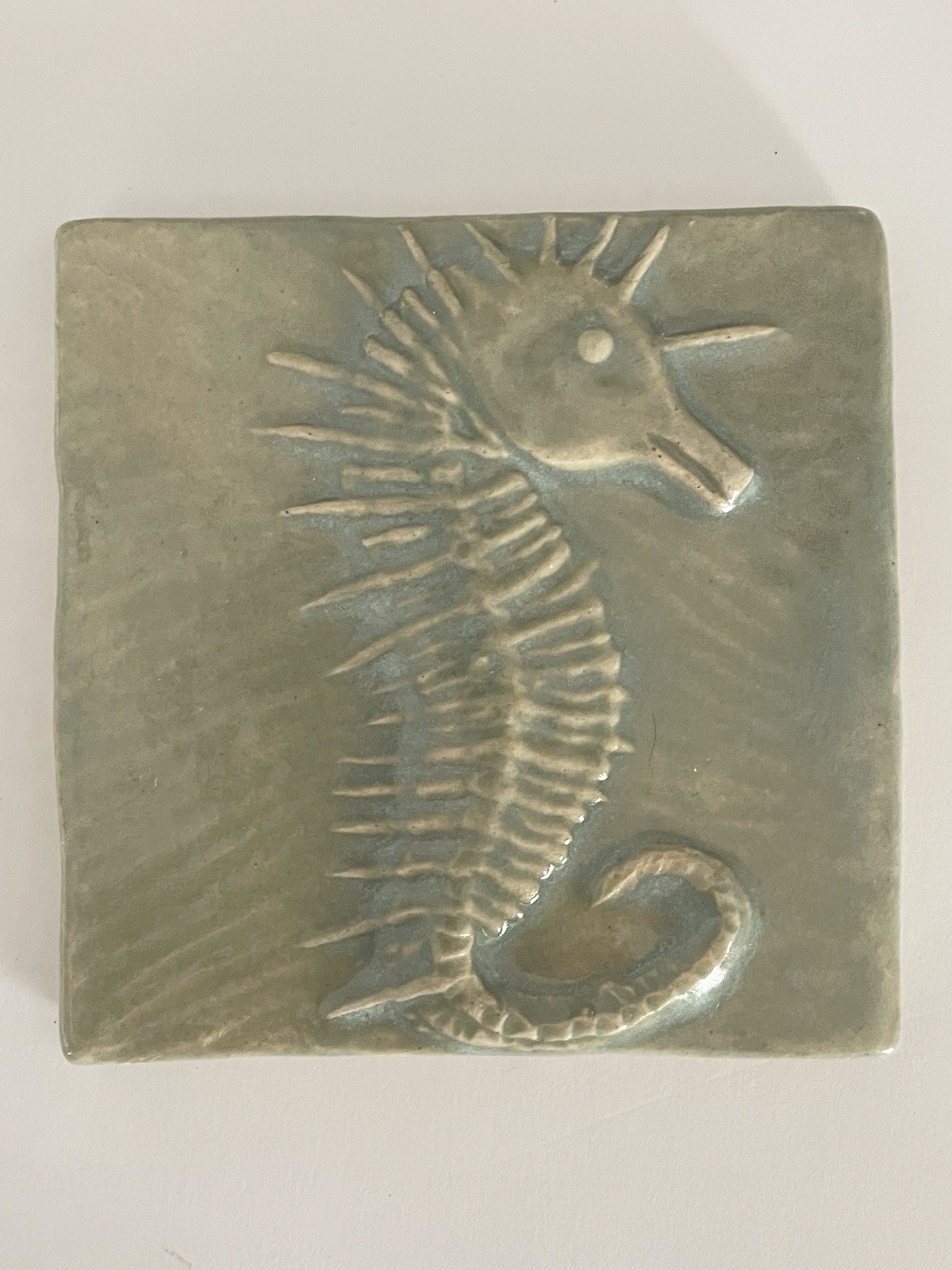 HANDMADE 4” X 4” EMU CELADON GLAZED SEAHORSE CERAMIC TILE ~ KENT, OHIO