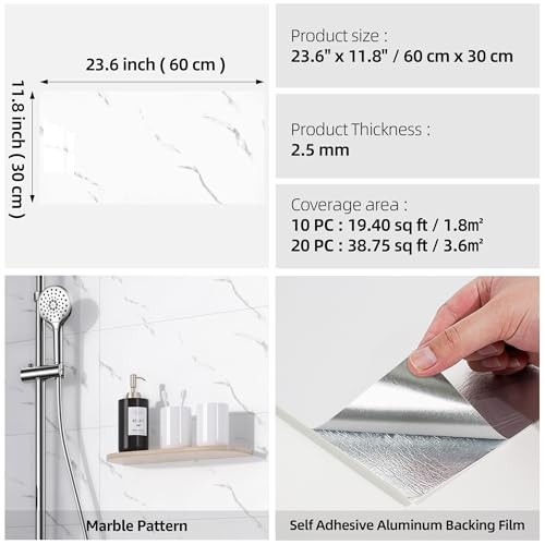 23.6″x11.8″ Waterproof Marble Peel and Stick Wall Panels Marble 10 Pack White