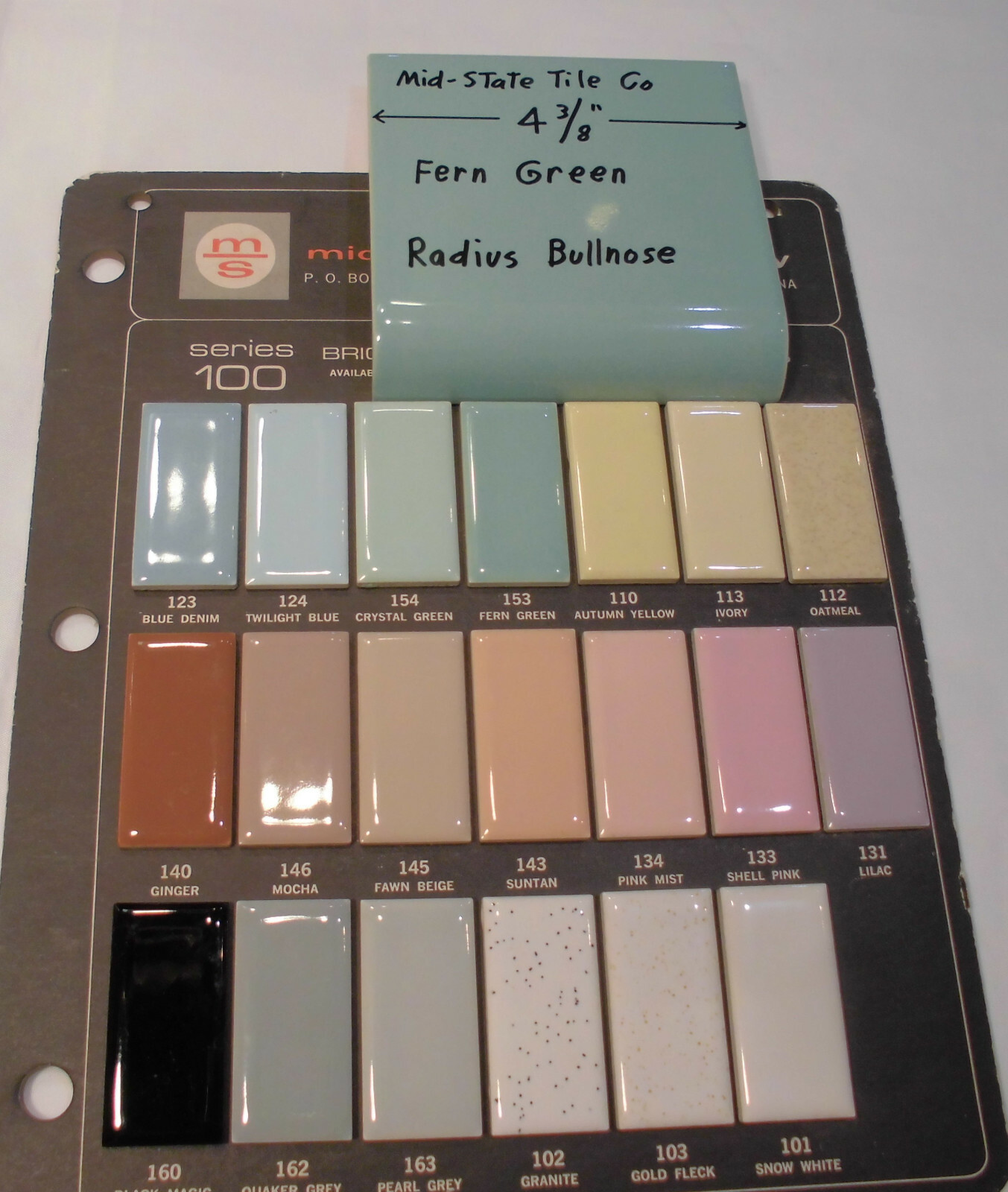 1: Fern Green Radius Bullnose Ceramic Tile 4-3/8″ by Mid-State: Glossy Mudd Cap