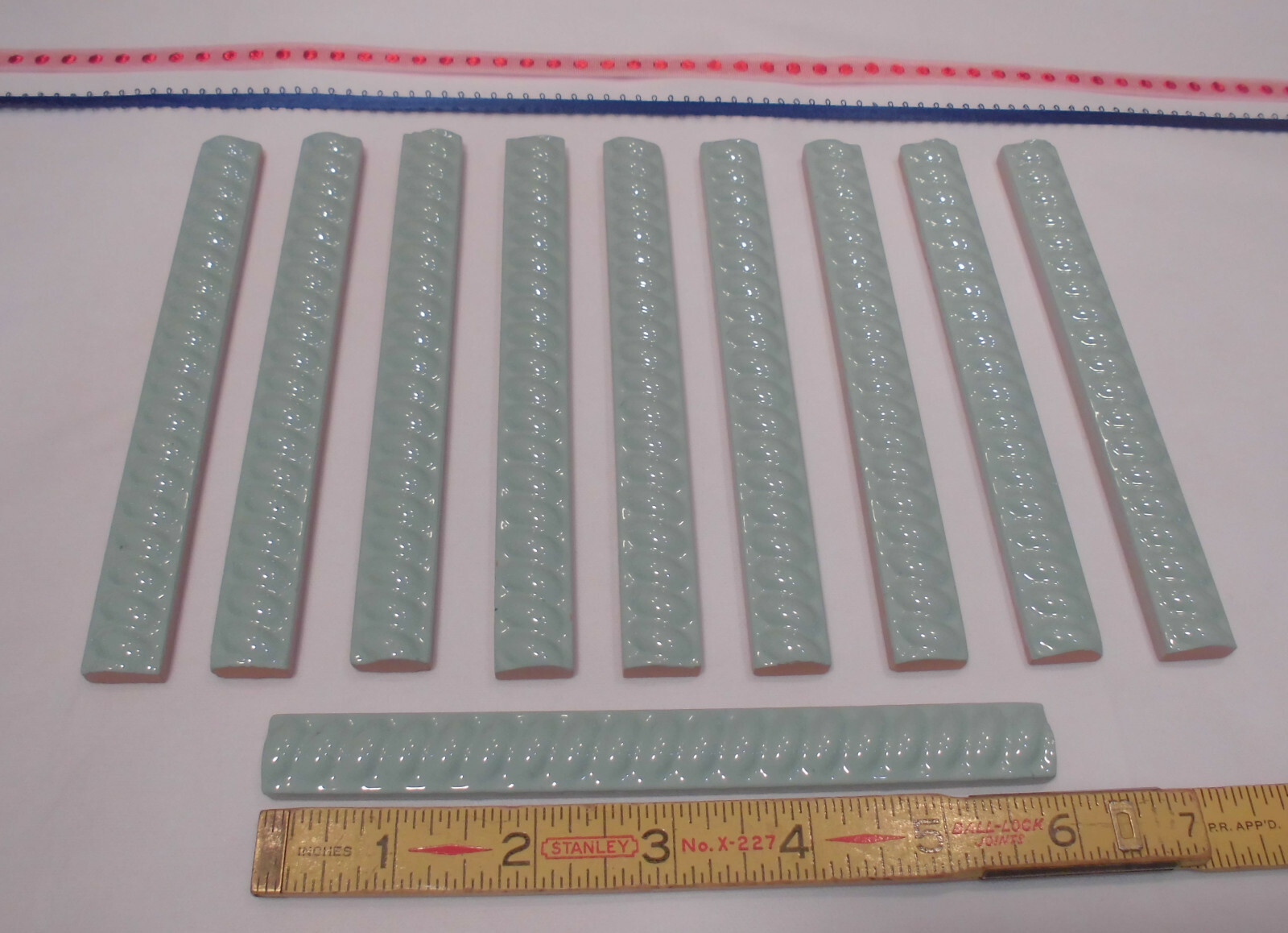 10 pcs. *Seafoam Green* Vintage Ceramic Liner-Pencil-Sizzle Tiles; 5/8″ X 6″ NOS