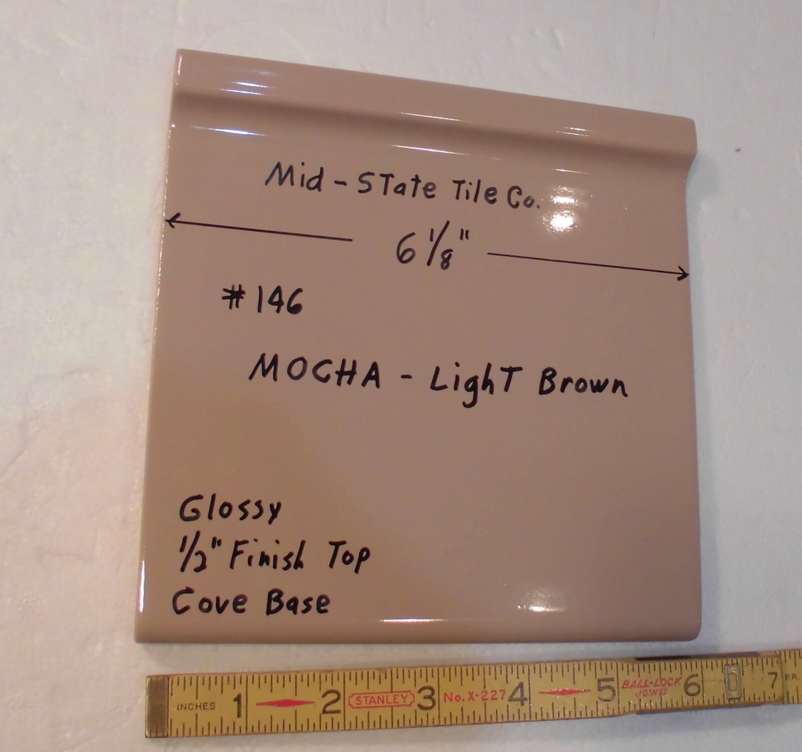 1 pc. Vintage Glossy *Mocha- Brown* 6” X 6” Ceramic Cove Base Tile by MID-STATE