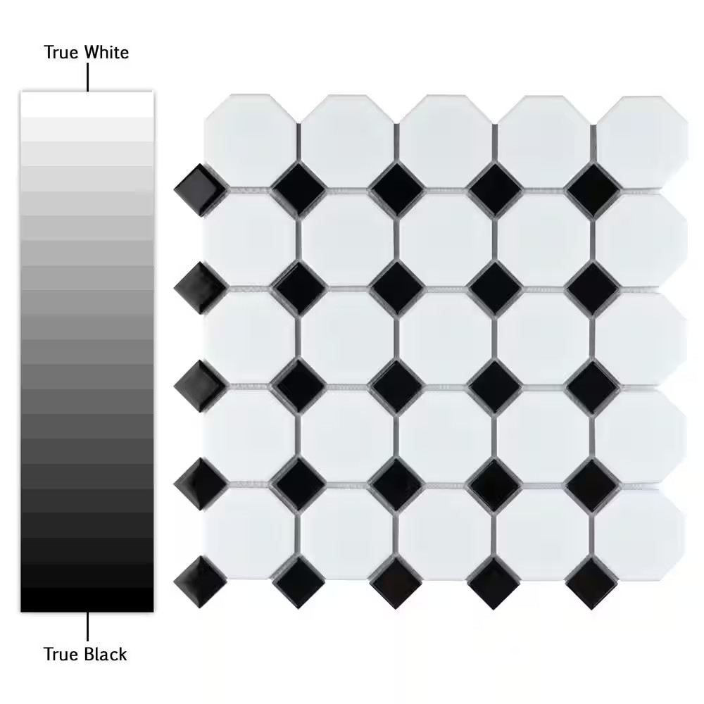 Metro Octagon Matte White with Black Dot 11-1/2 In. X 11-1/2 In. Porcelain Mosai