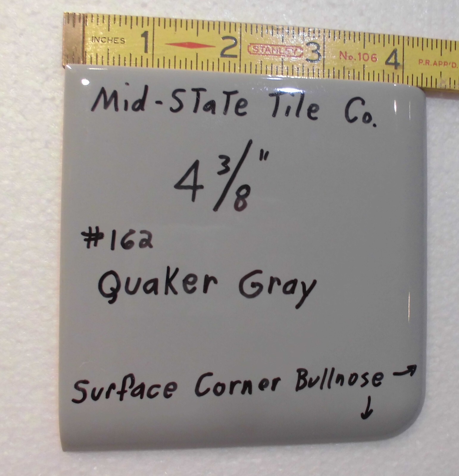 1 pc. *Quaker Dark Gray* Corner Bullnose Ceramic Tile 4-3/8″ by Mid-State Co.