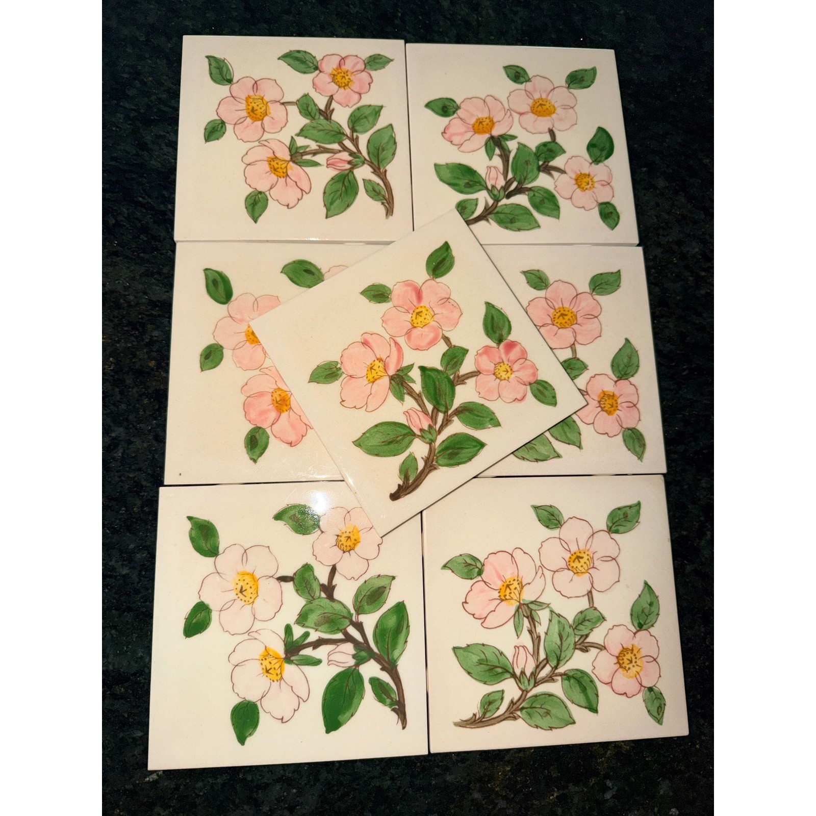 Vintage Franciscan Desert Rose Ceramic Tiles Set of 7 Hand Painted Floral USA