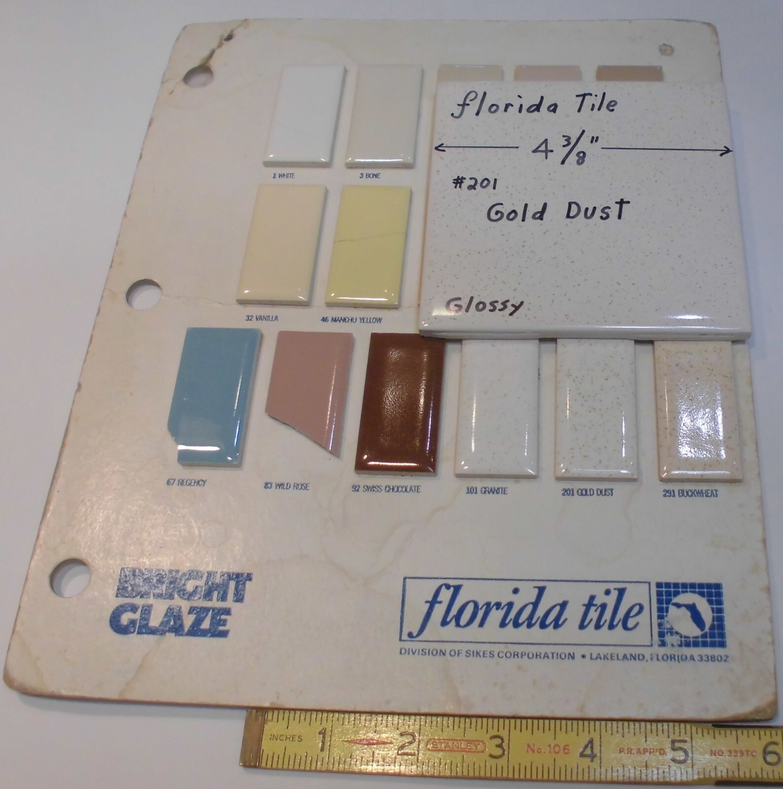 1 pc. Gold Dust: 4-3/8″ Glossy Ceramic Tile by Florida Tile Co. NOS, Speckled
