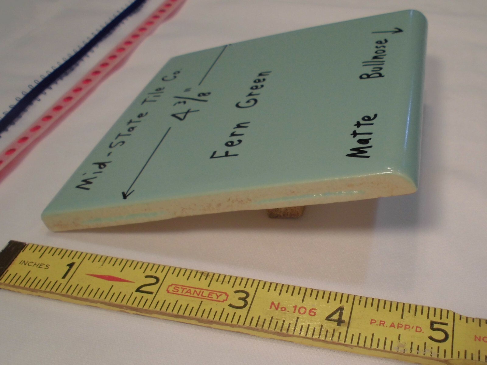 1 pc. Fern Green; Matte Bullnose Ceramic Tile 4-3/8″ by Mid-State Co. NOS