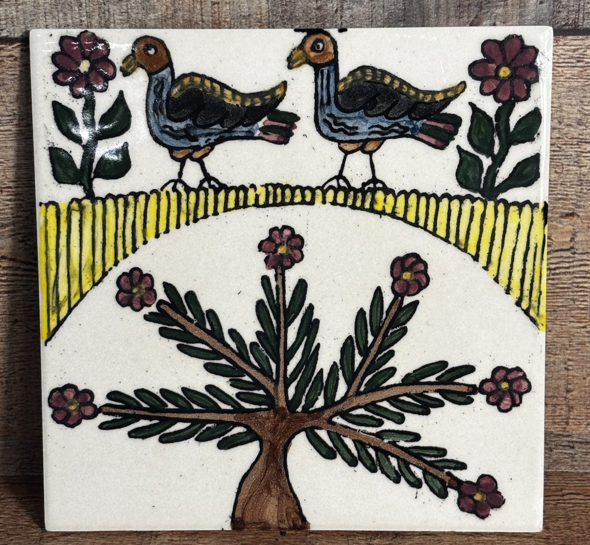 Vintage 6” Italian Tile Art Ceramic Birds Flowers Arpa Italy Trivet Decor