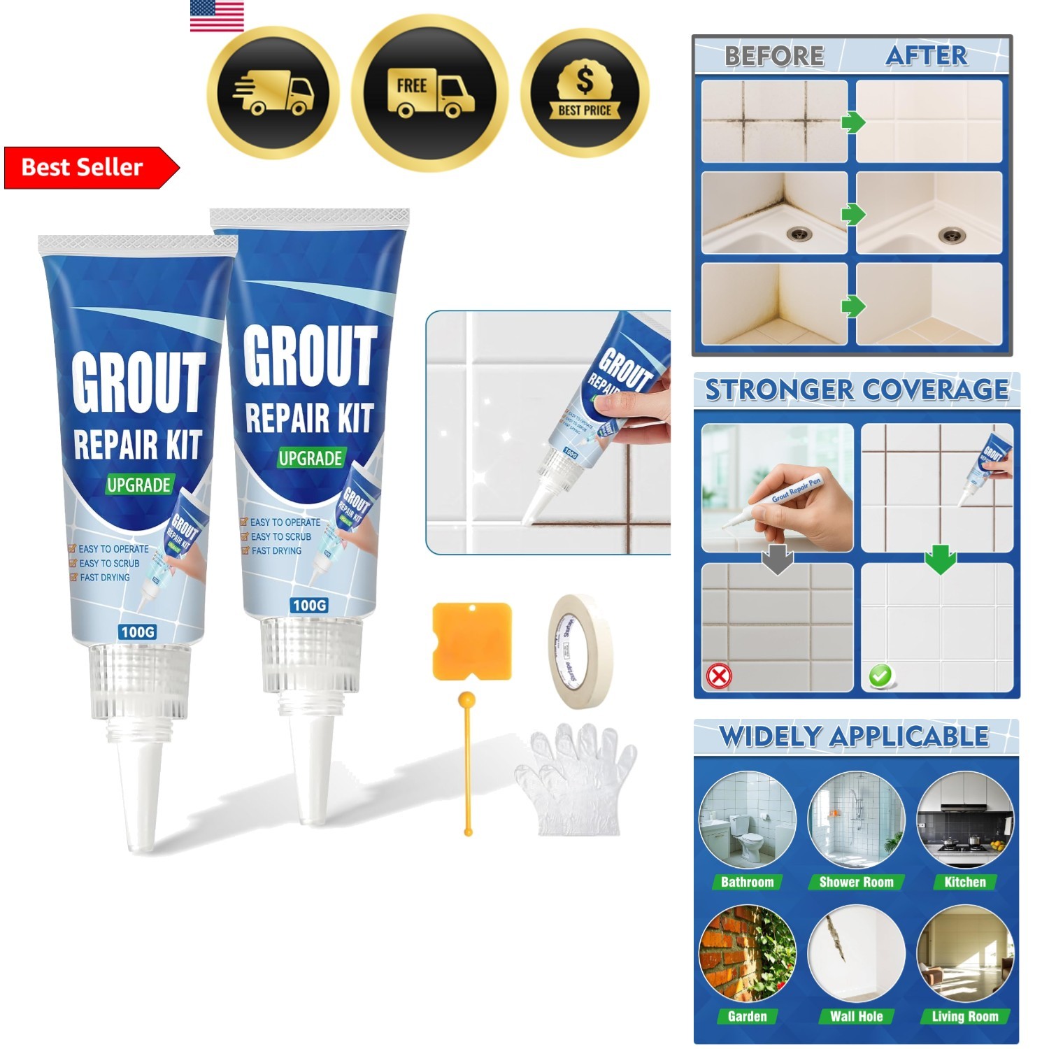 Tile Grout Repair Kit 2 Pack Fast Drying Waterproof Filler for Bathroom Kitch…