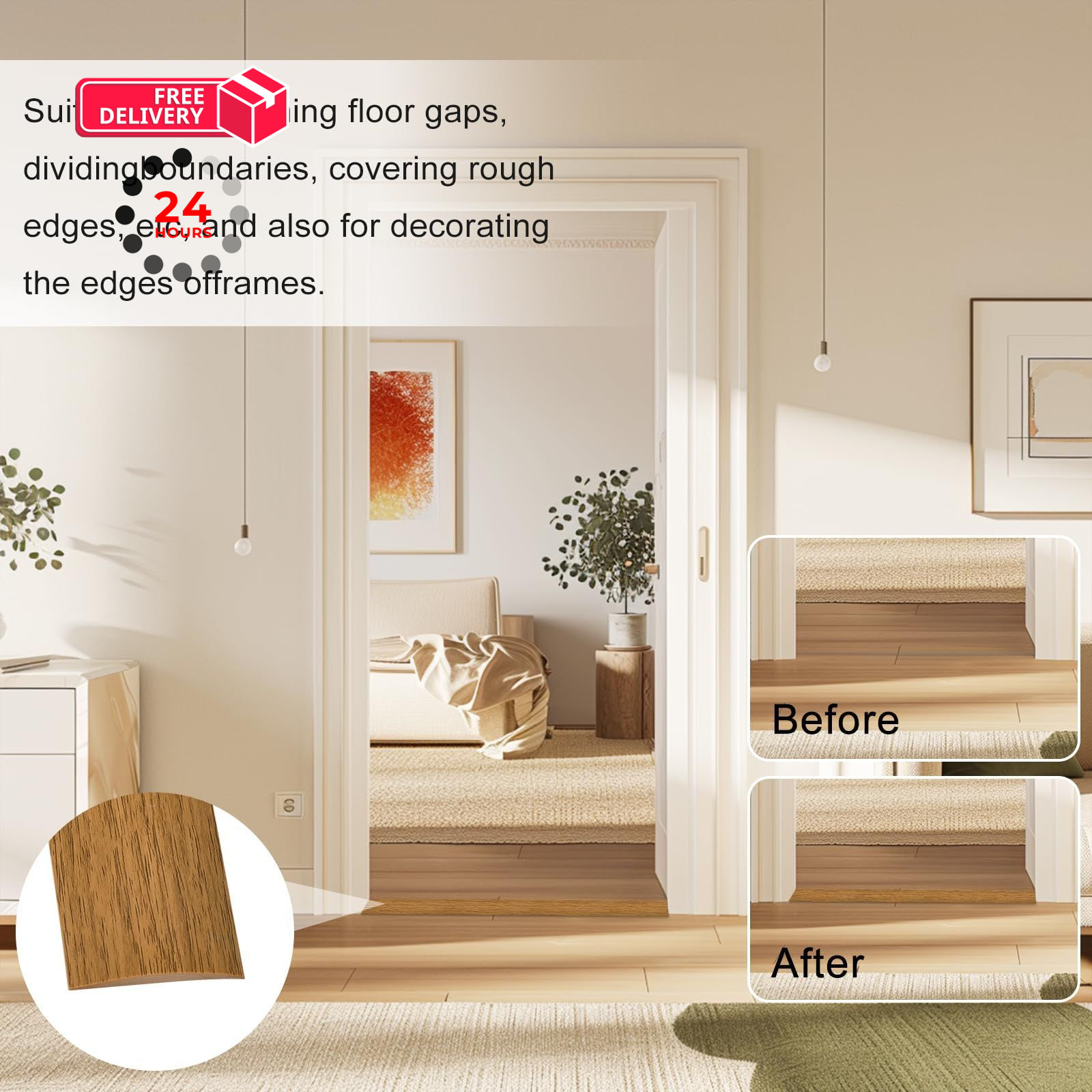 Vinyl Floor Transition Strip, Self Adhesive 3.28Ft, Light Brown Wood Grain