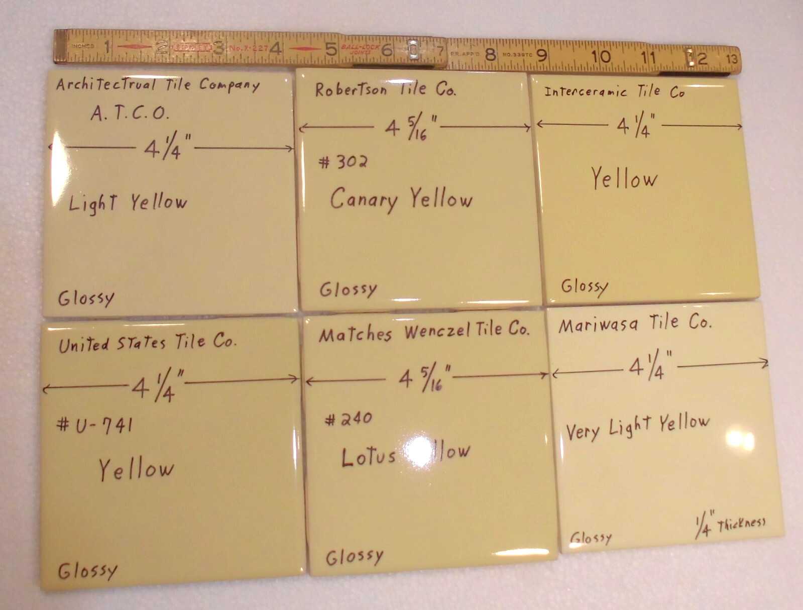 1 pc. Yellow 4-5/16″ Glossy Ceramic Tile: matches Wenczel Co. #240: Lotus Yellow