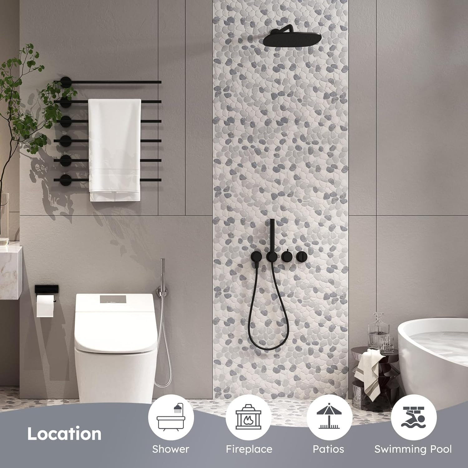 Pebble Tile for Shower Floor, Gray and White Oval, 5 Sheets, Pebble Backsplash f