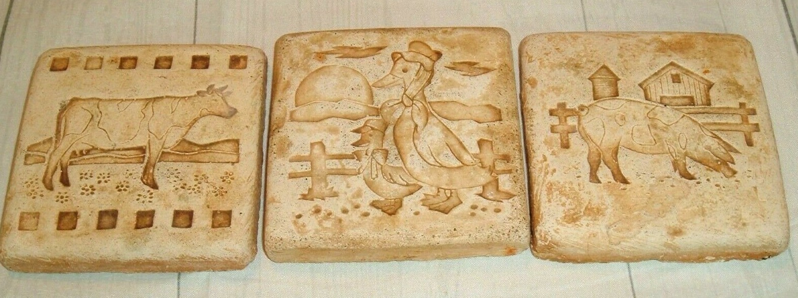 Vintage Tiles set of 3 country Farm Artisan Tan thick Cow Pig Duck kitsch decor