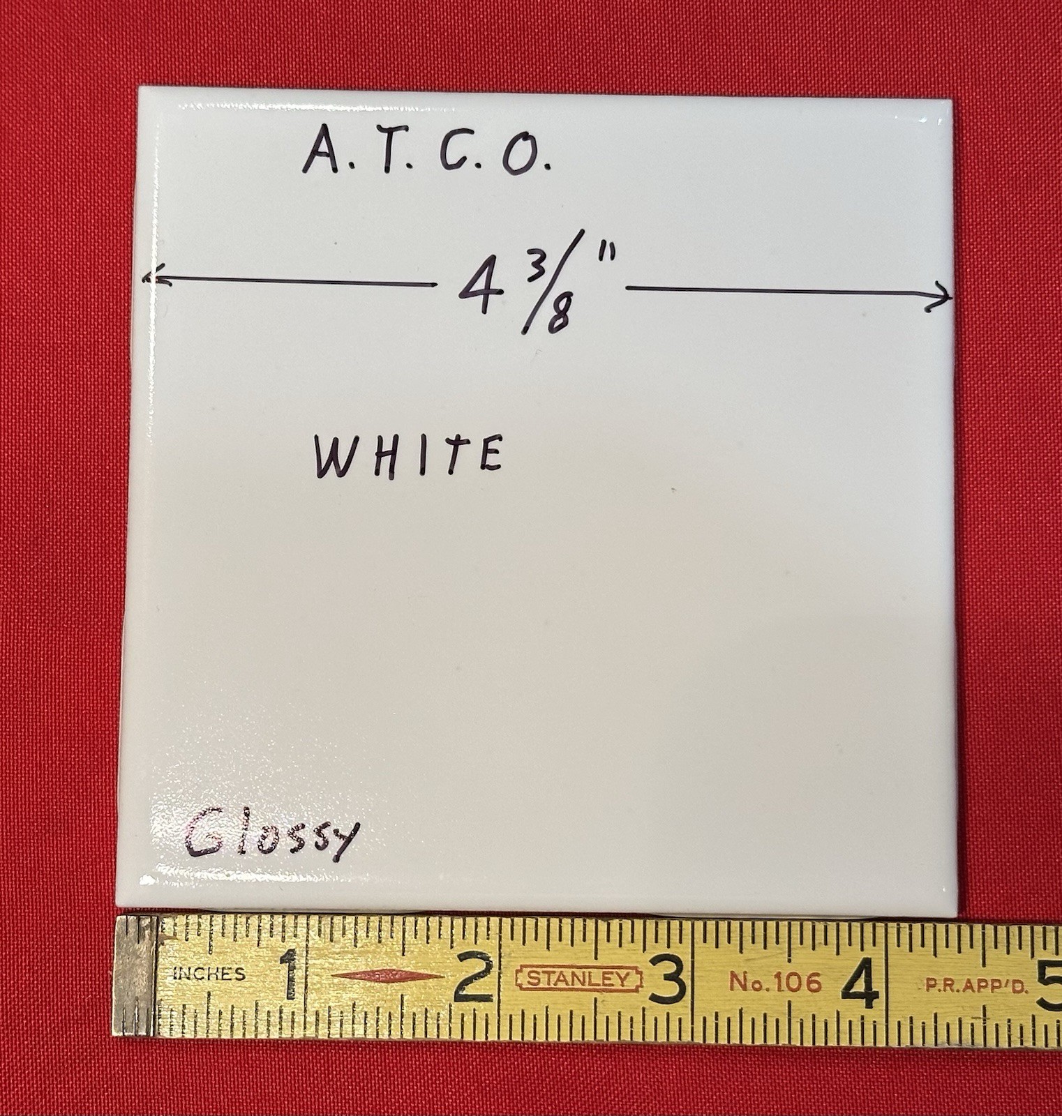 1 pc. Gloss White: 4-3/8″ Glossy Ceramic Tile by A.T.C.O. NEW OLD STOCK