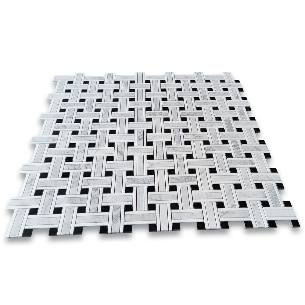 C66A5XP Carrara White Marble Twine Basketweave Mosaic Tile Marquina Thassos