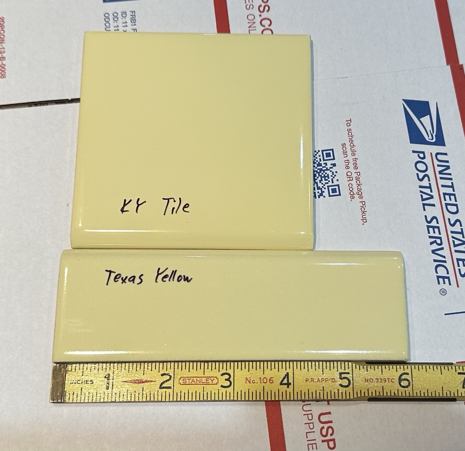 1 pc. Texas Yellow: Glossy Ceramic Bullnose Flat Trim Tile by Daltile in 1970’s