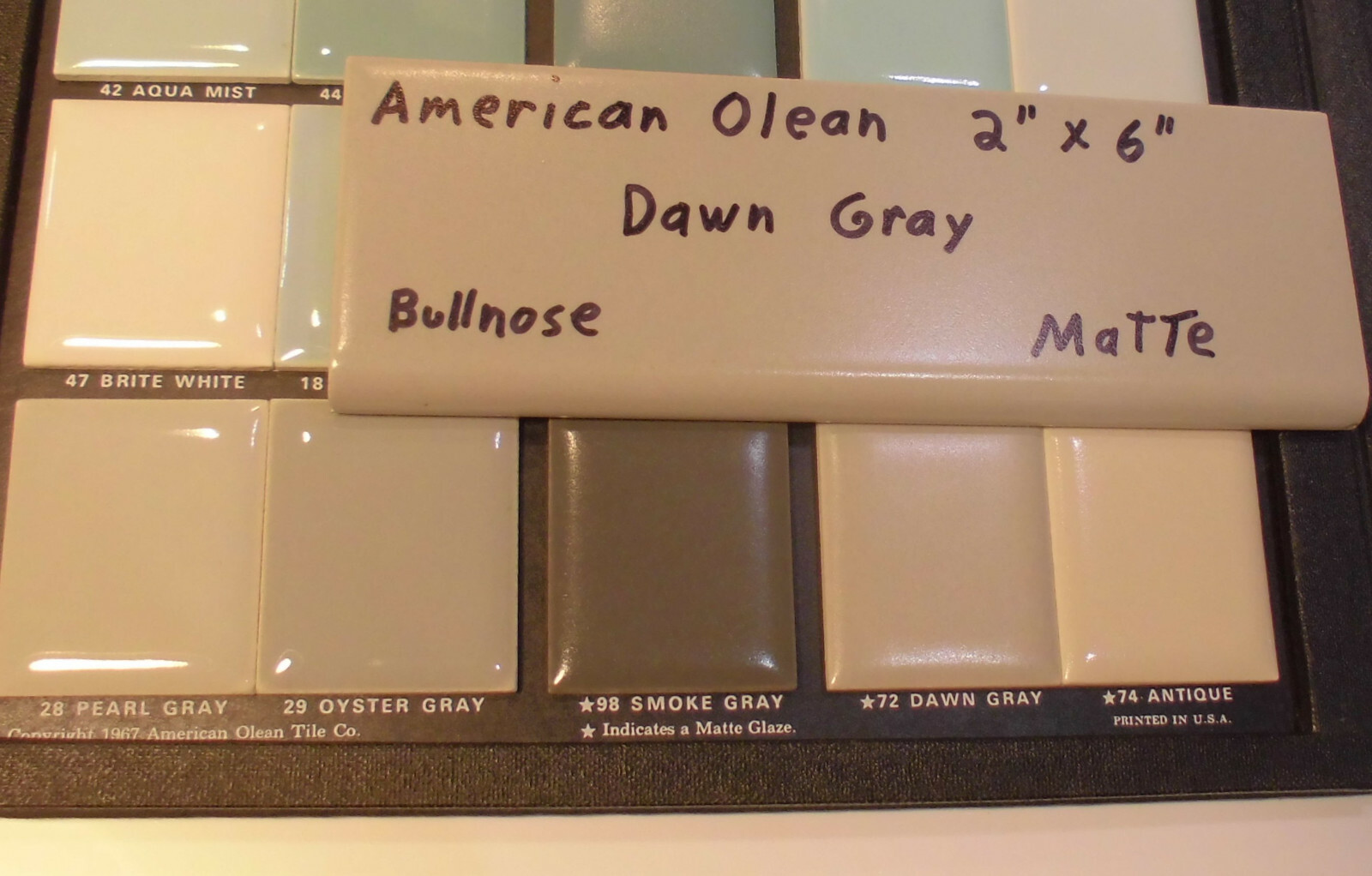 1 pc. Vintage Matt Ceramic Bullnose Tile 2” X 6” Dawn Gray; by American Olean