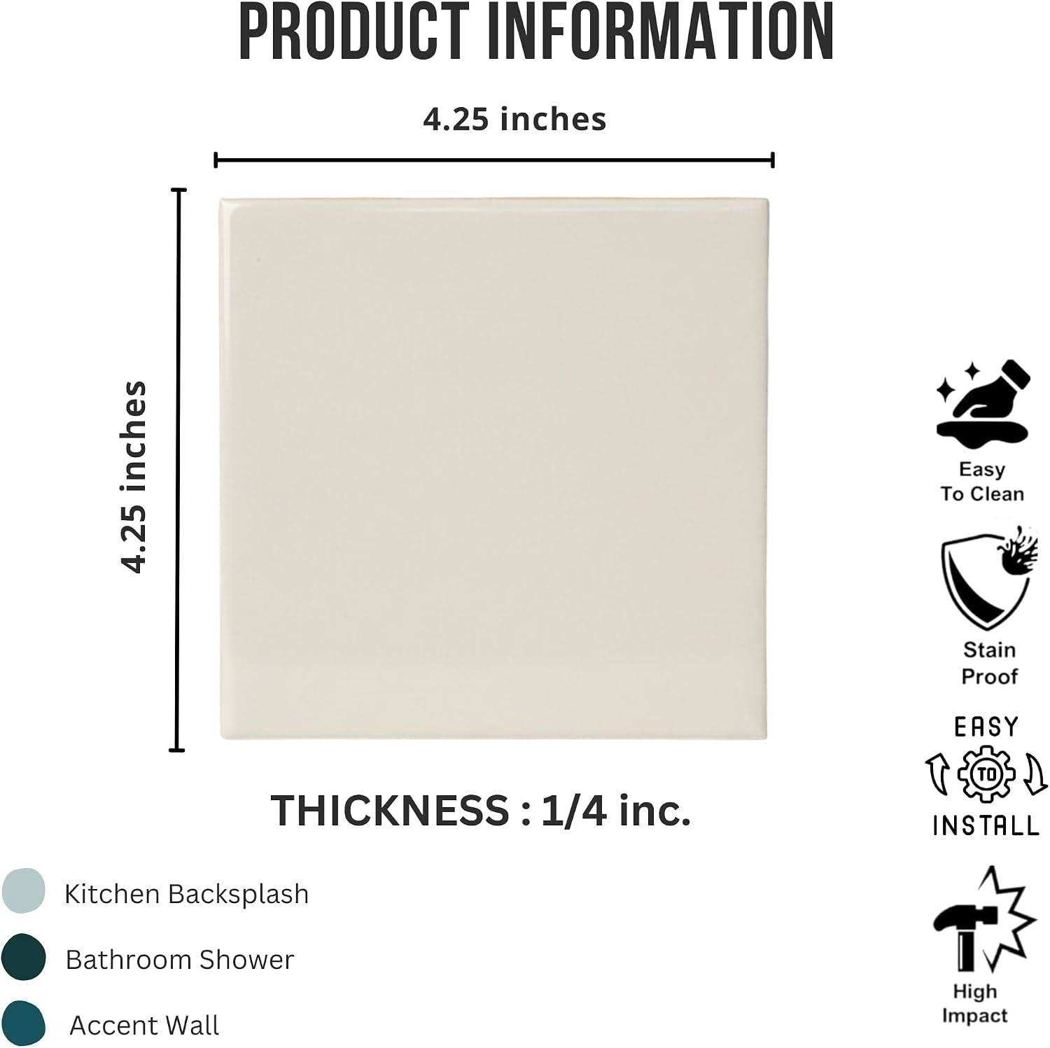 4 in Ceramic Tile Gloss 4 1/4″ Box of 10 Pieces Bathroom Wall & Kitchen