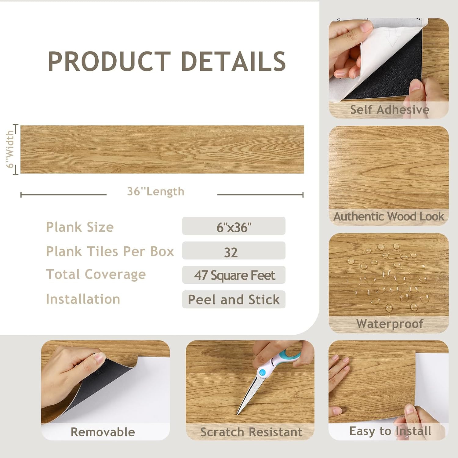 Natural Brown Peel & Stick Vinyl Plank Flooring – 32 Pack, 47 Sq.Ft.