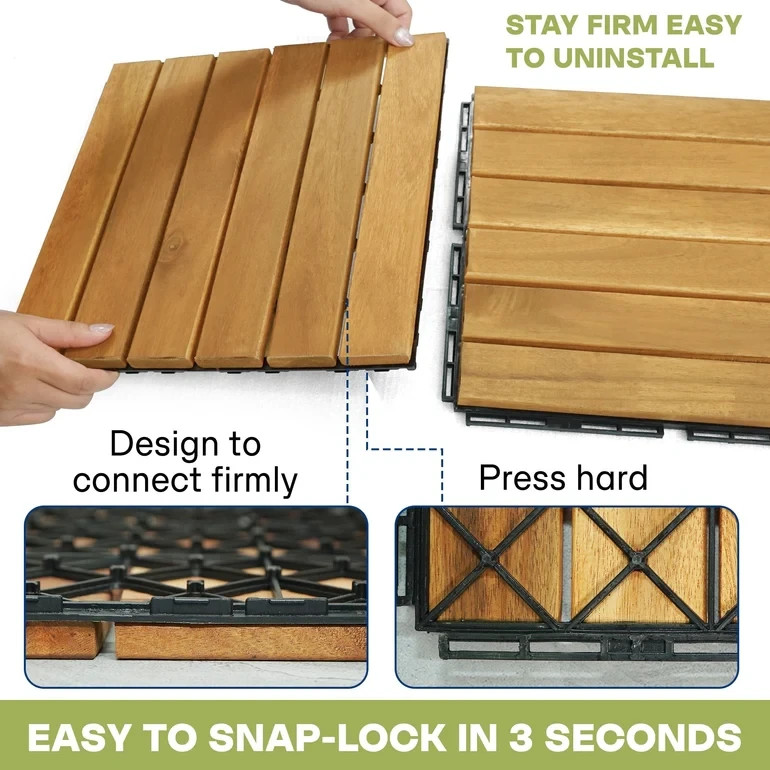 Solid Wood Deck Tiles 6 Slat – SET 9 Pcs – 12”x12”