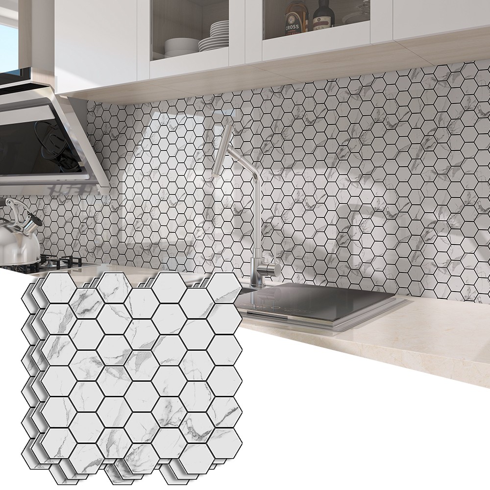20pc Tiles Plaza Backsplash Tile for Kitchen Peel and Stick White Hexagon Marble