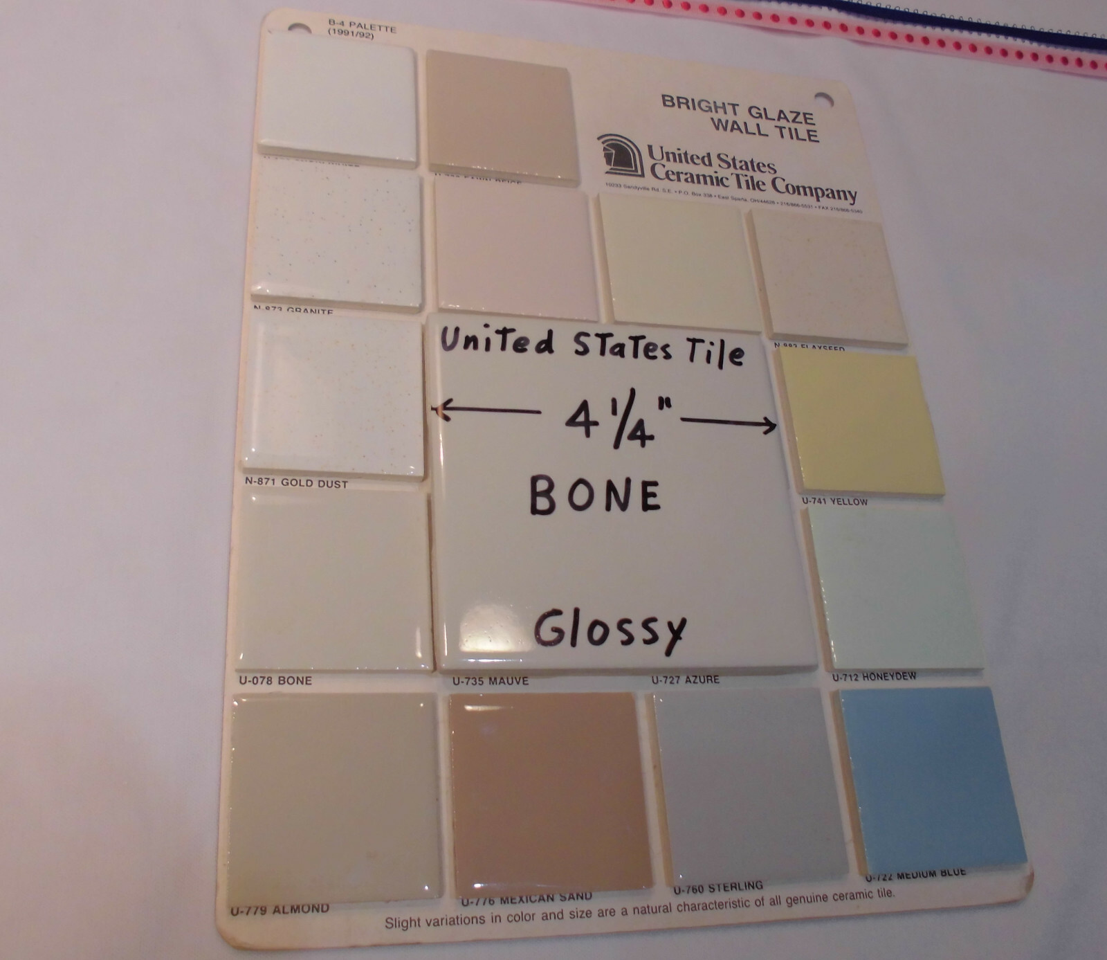 1 pc. Gloss Bone: 4-1/4″ Ceramic Tile by United State Tile Co. New Old Stock