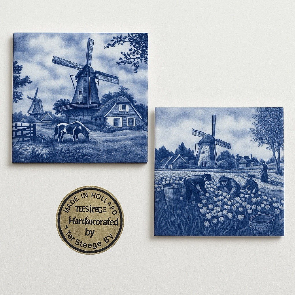 Vintage Delft Blue 4×4 Wall Tiles Pair Windmill Netherlands Replacement