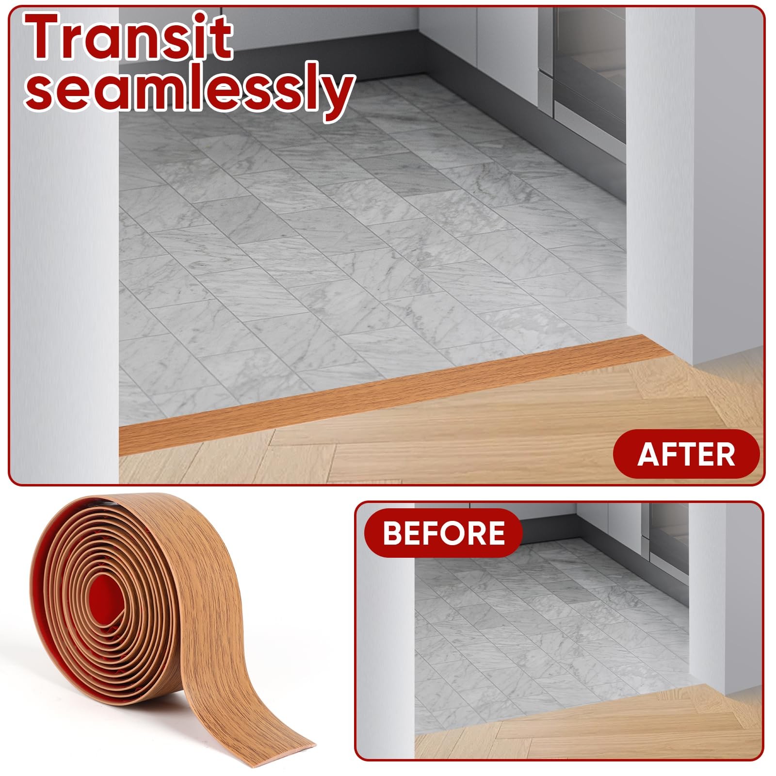 Vinyl Floor Transition Strip 20FT x 2″ Self Adhesive – 0.14″ Thick for Smooth