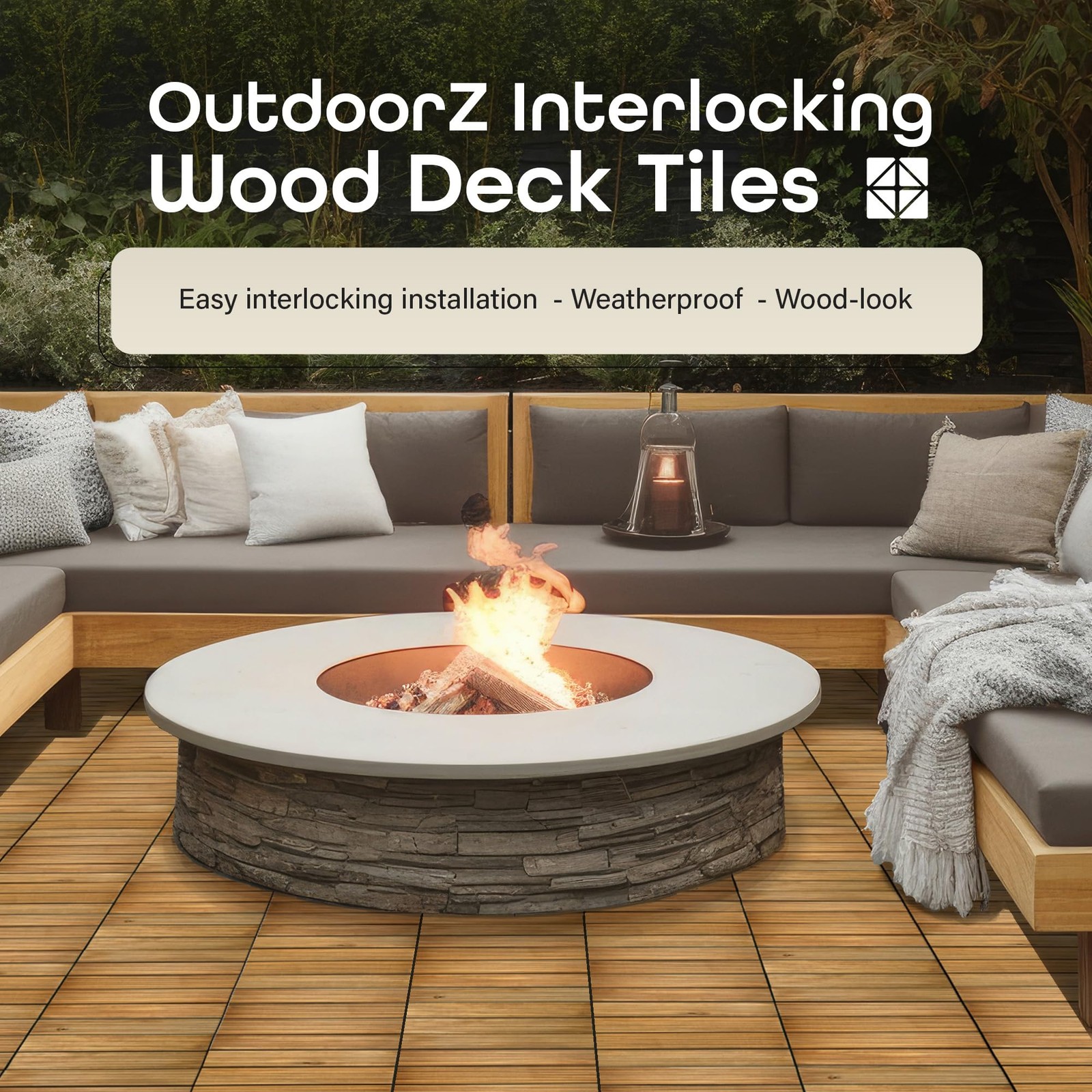 OutdoorZ Interlocking 12-Inch Deck Tiles, 27 Tiles – 12″ x 12″, Plank Honey O…
