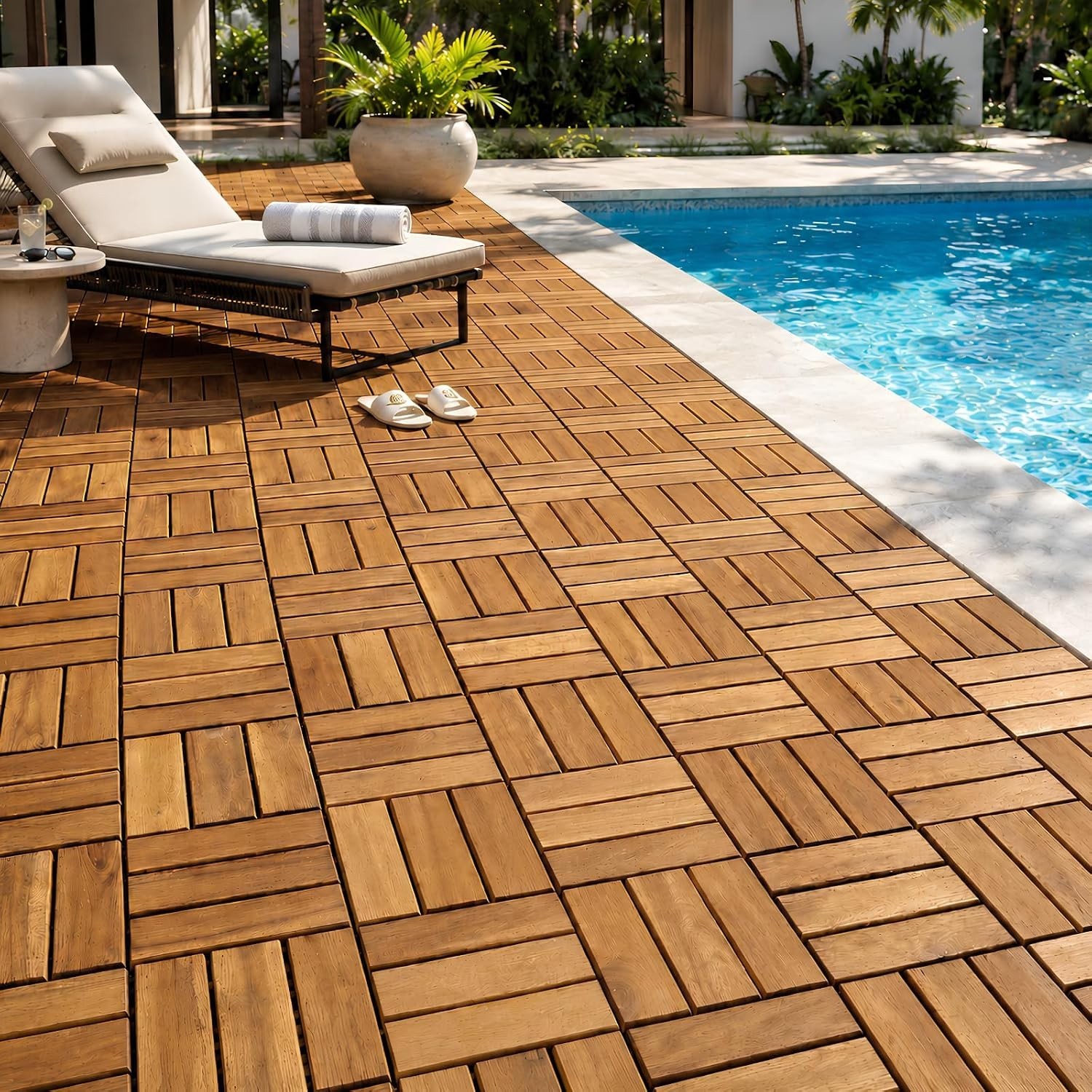 Stylish Golden Teak Interlocking Deck Tiles – Perfect for Backyard Elegance