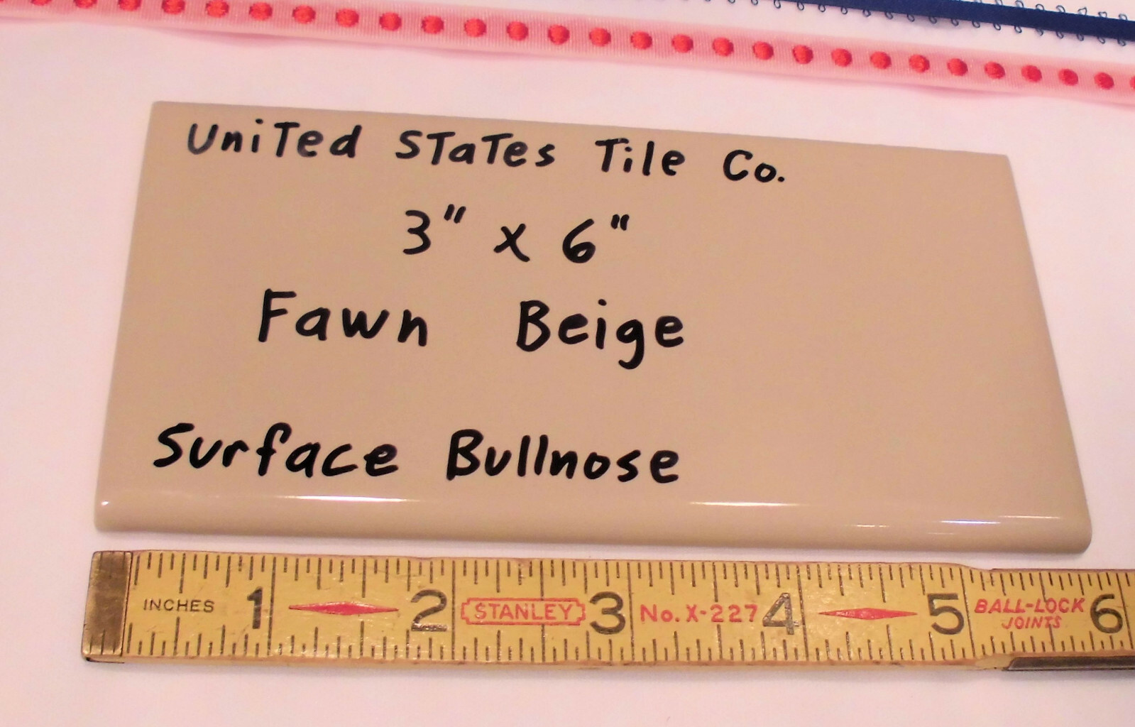 1 pc. Fawn Beige: 3″ X 6″ Glossy Bullnose Ceramic Tile: New Stock, Made USA