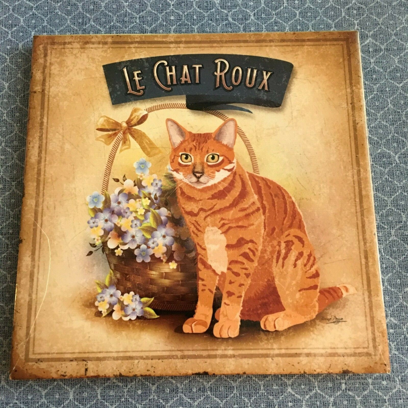 “Le Chat Roux” Large Decorative Art Tile w/ Cork Back, Made in France, nearly 8″