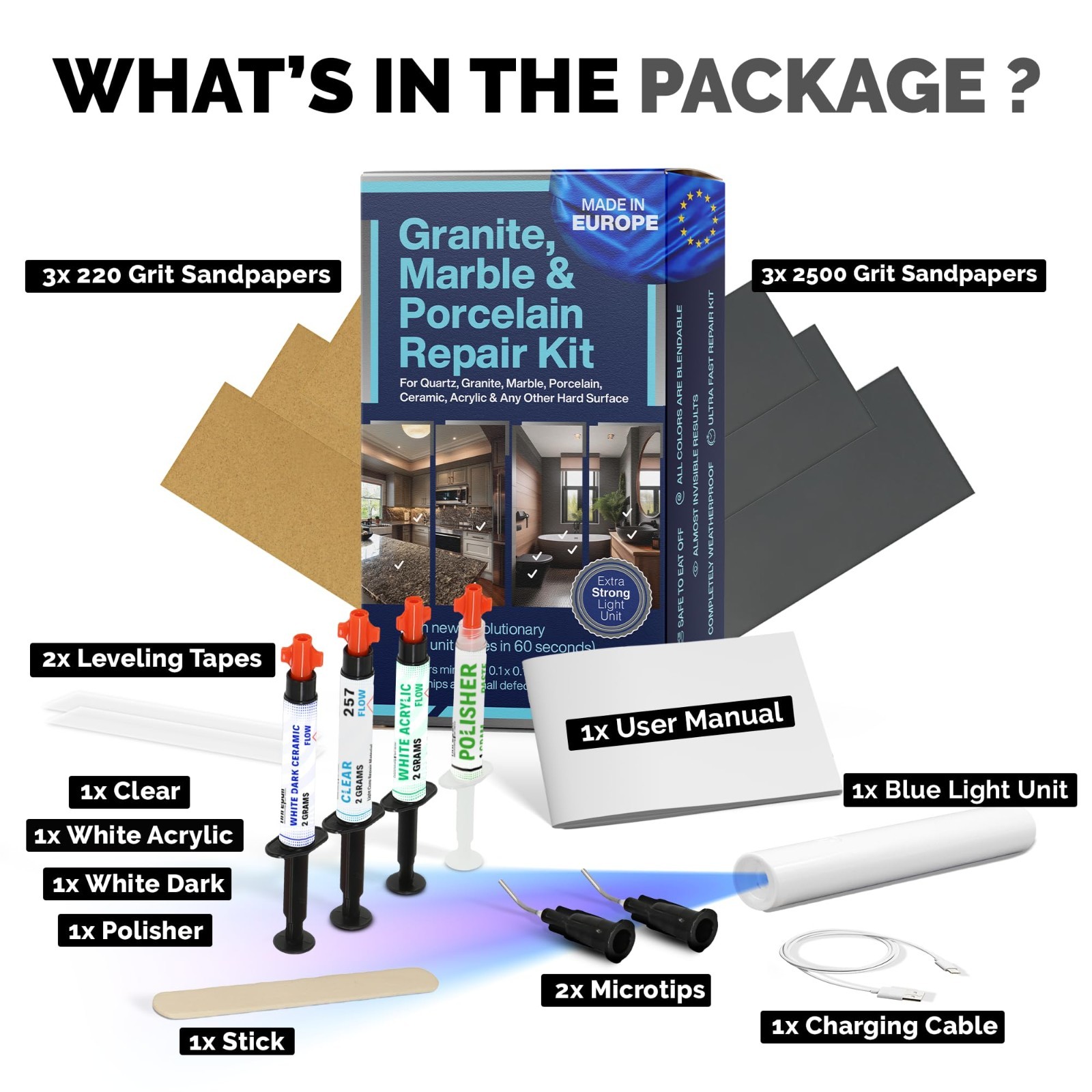 Granite Marble Porcelain Repair Kit – Clear Black Acrylic for Countertops Tiles