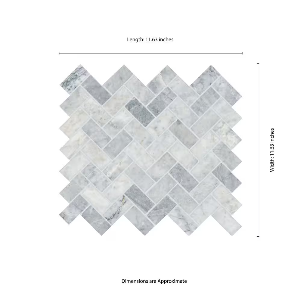 Capri Blue Herringbone 12 In. X 12 In. X 0.38 In. Honed Marble Mesh-Mounted Mosa