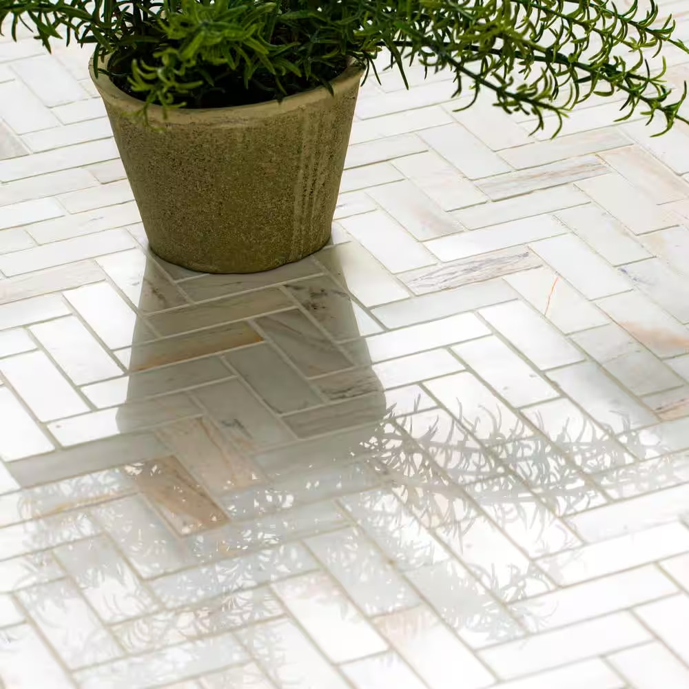 Angora Herringbone 12 In. X 14 In. X 0.38 In. Polished Marble Mesh-Mounted Mosai