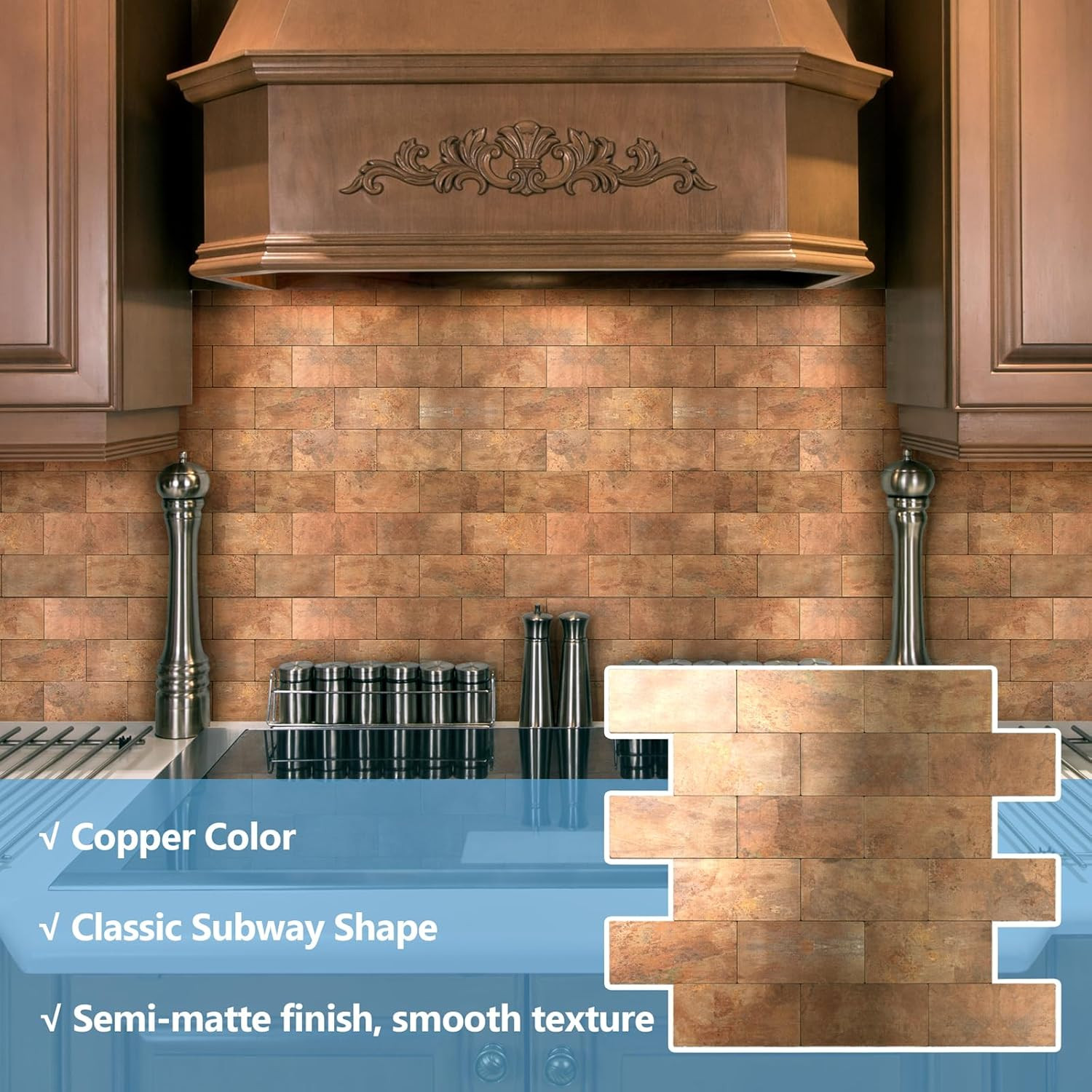 10-Pack 12″x12″ Copper Metal Peel and Stick PVC Wall Tiles for Backsplash