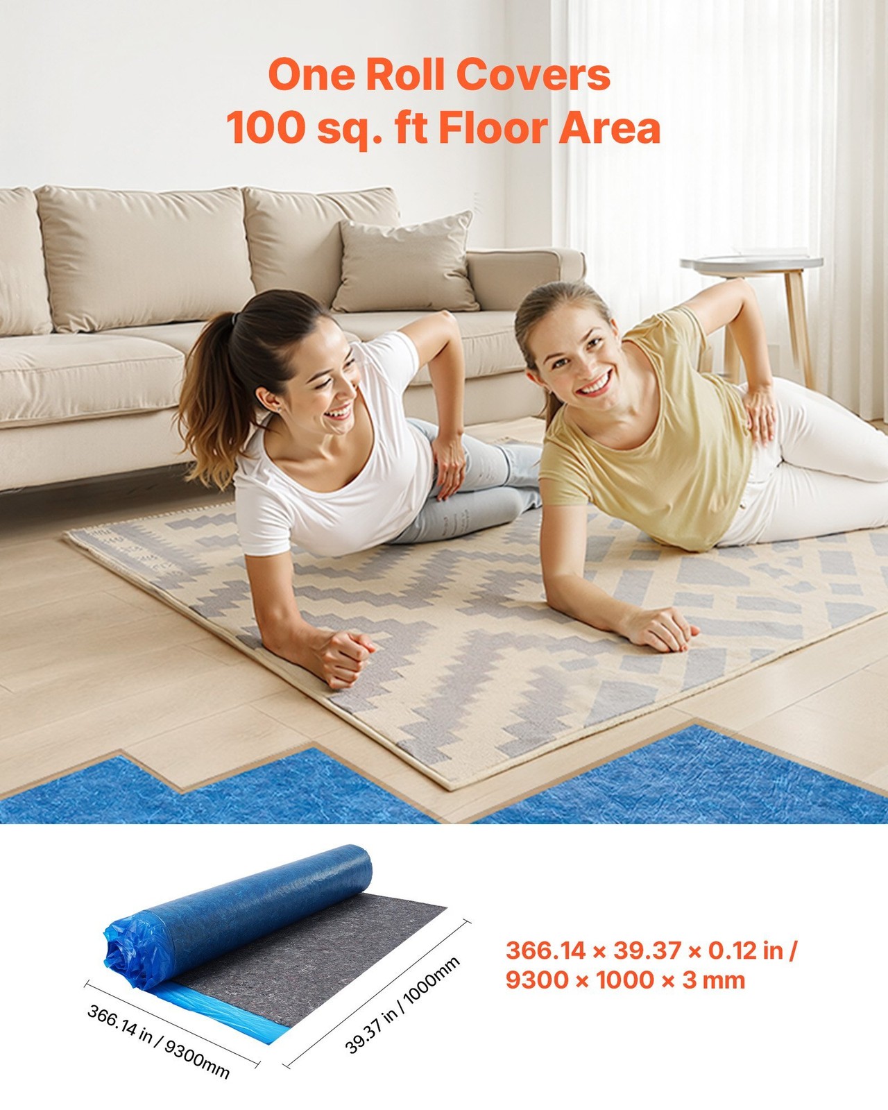 VEVOR Floor Underlayment 100 sq ft 3mm Laminate Flooring Padding Vapor Barrier
