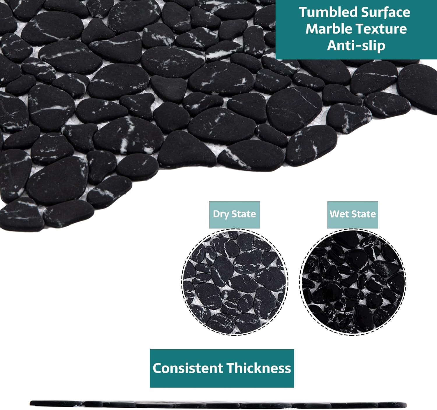 Pebble Tile for Shower Floor, Black Marble Veins Oval, 10 Sheets Pebble Mosaic B