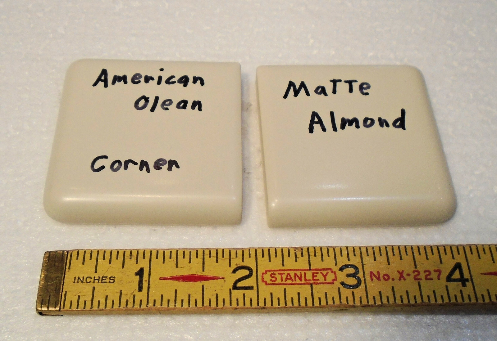 2 pcs. Matte Almond 2″ X 2″ X 5/16″ Ceramic Surface Bullnose Corner Tiles; NEW