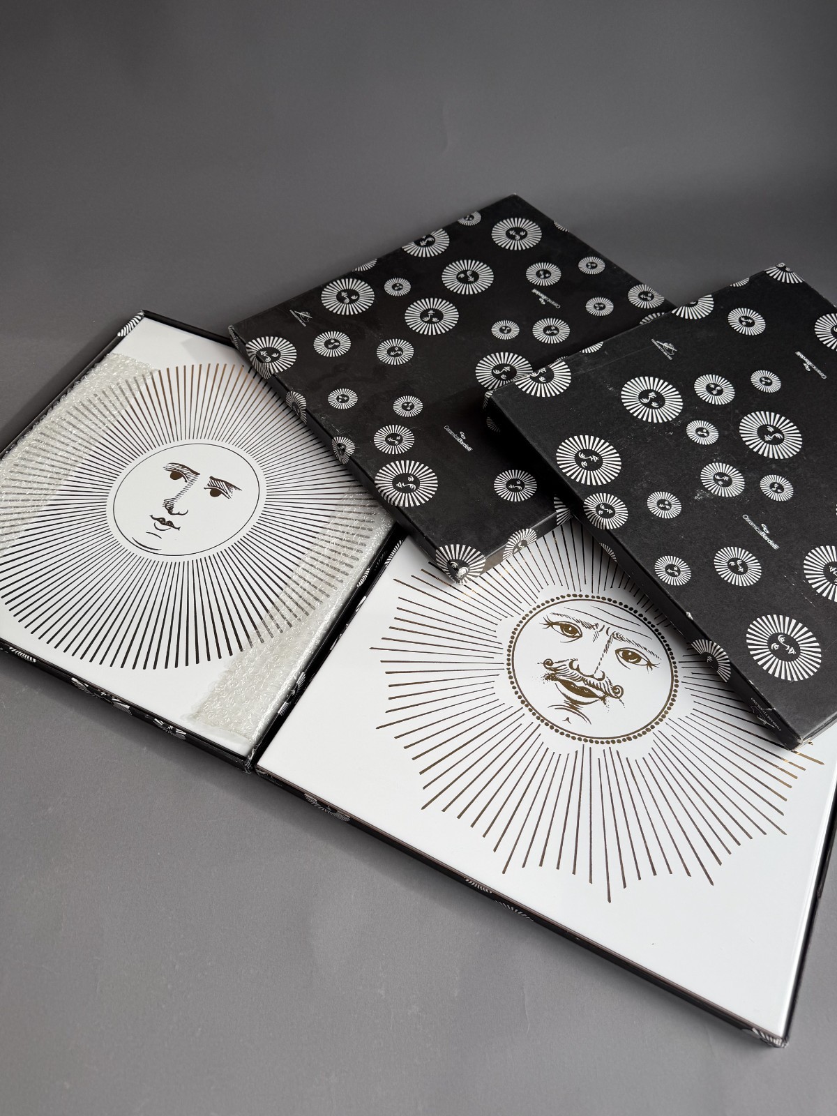 Fornasetti Ceramic 16″ Tiles (Pair) – Sol e Lune – Gold Leaf on White | NEW