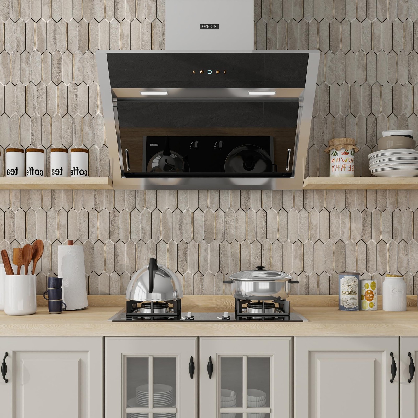 Peel and Stick Backsplash Long Hexagon Wall Tile, 10-Pieces, Beige