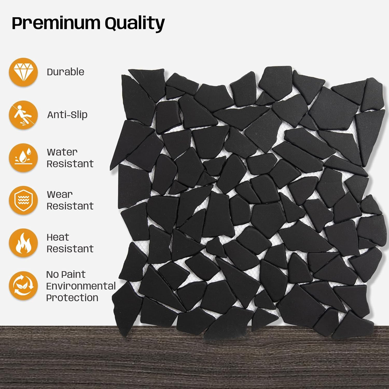 Black Geometric Pebble Tile for Shower, Kitchen, and Outdoor Areas – 5 Sheets